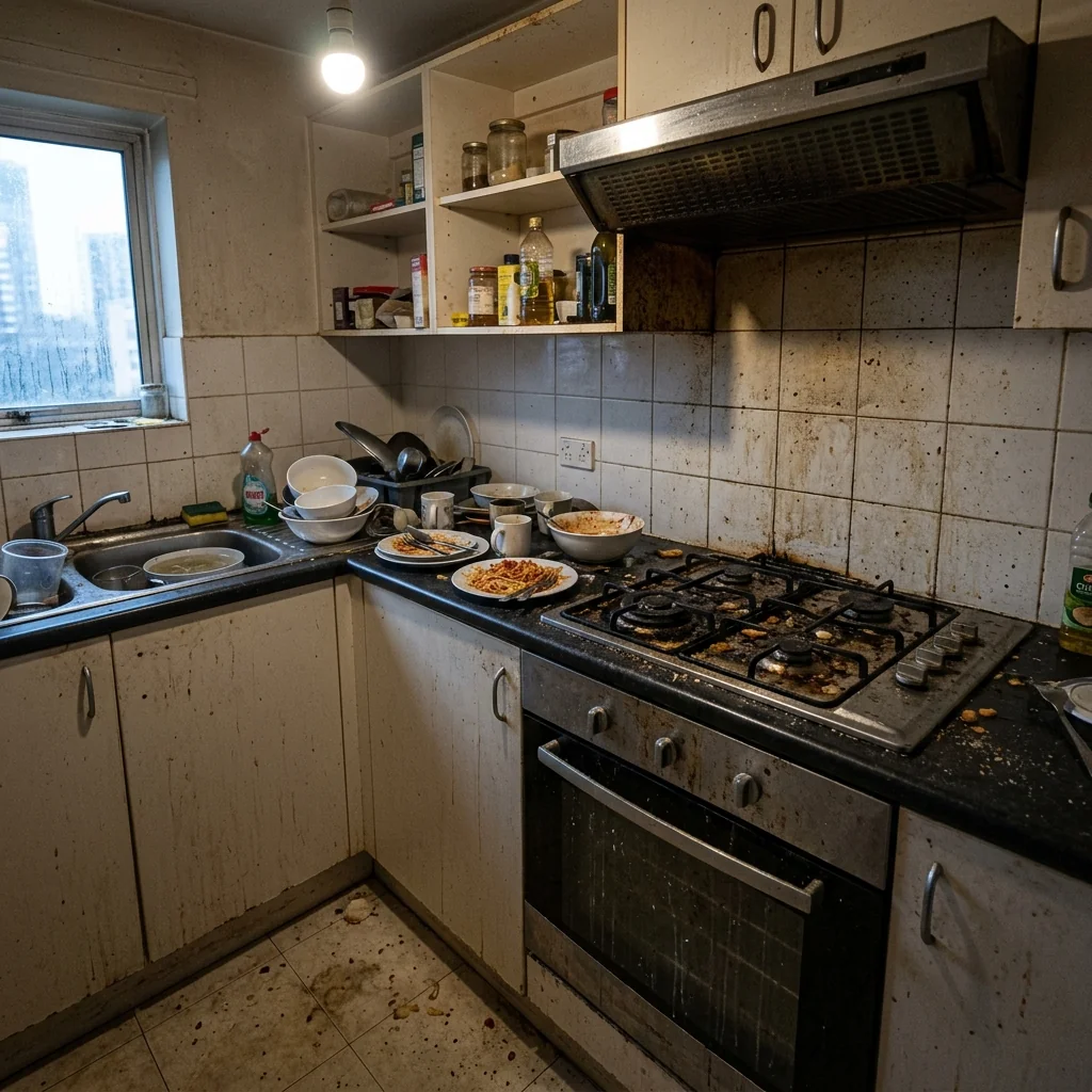 Kitchen before bond cleaning — dirty and grimy